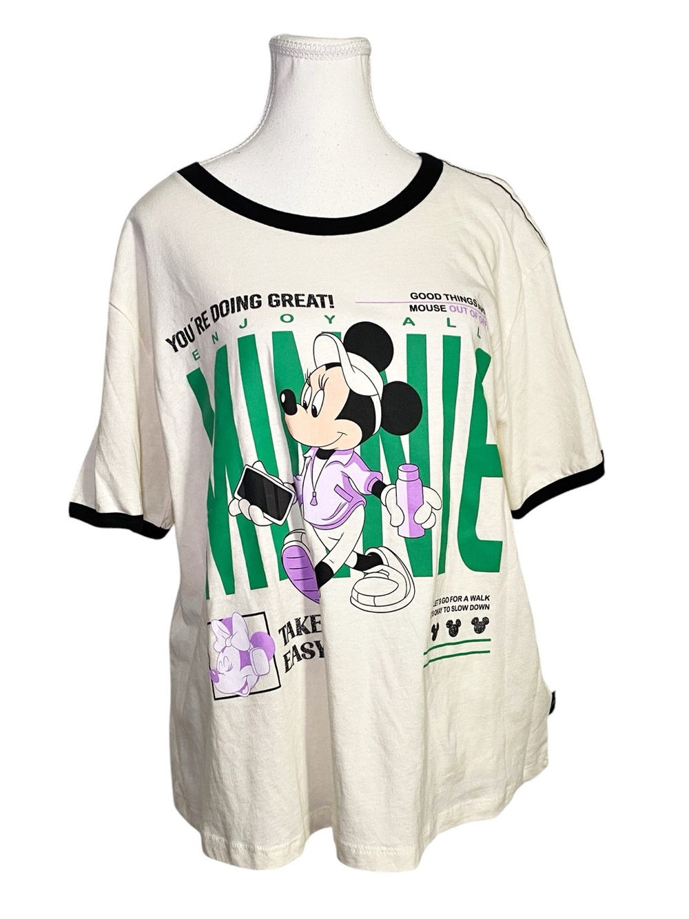 Disney Minnie Mouse Ringer Graphic T-Shirt - Cream Black